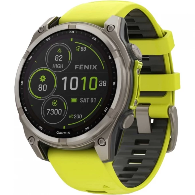 Смарт-часы GARMIN FENIX 8 – 47 мм, Solar Sapphire, титан с ярко-желтым/графитовым силиконовым ремешком 010-02906-21
